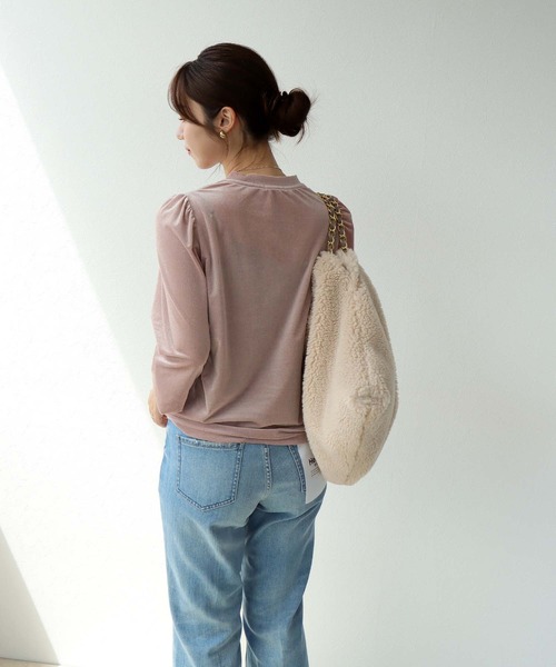 Jines tシャツ シアートリコット ベロアパフスリーブトップス