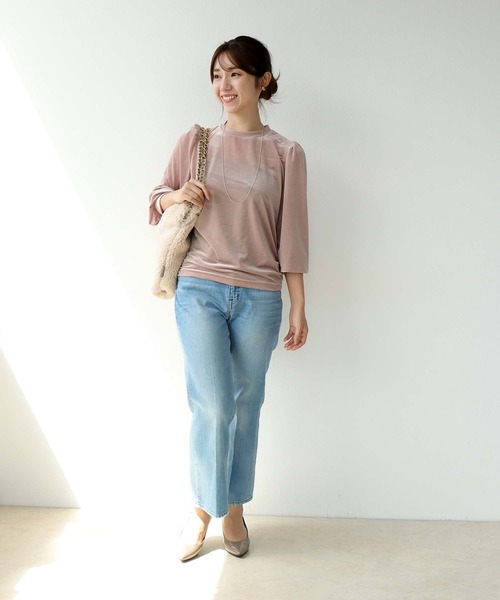 tシャツ シアートリコット ベロアパフスリーブトップス レディース Jines tシャツ シアートリコット ベロアパフスリーブトップス