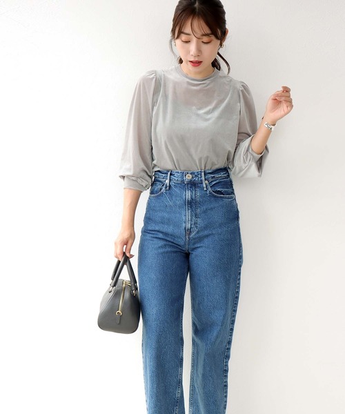 tシャツ シアートリコット ベロアパフスリーブトップス レディース Jines tシャツ シアートリコット ベロアパフスリーブトップス