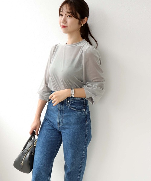 tシャツ シアートリコット ベロアパフスリーブトップス レディース Jines tシャツ シアートリコット ベロアパフスリーブトップス