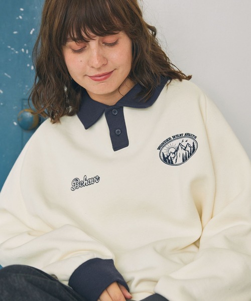 トレーナー スウェット 配色ロゴ刺繍 ビッグスリーブ 襟付き ゲーム