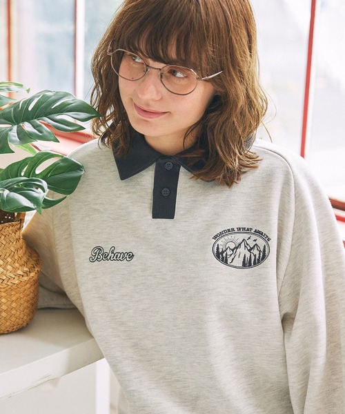 トレーナー スウェット 配色ロゴ刺繍 ビッグスリーブ 襟付き ゲーム