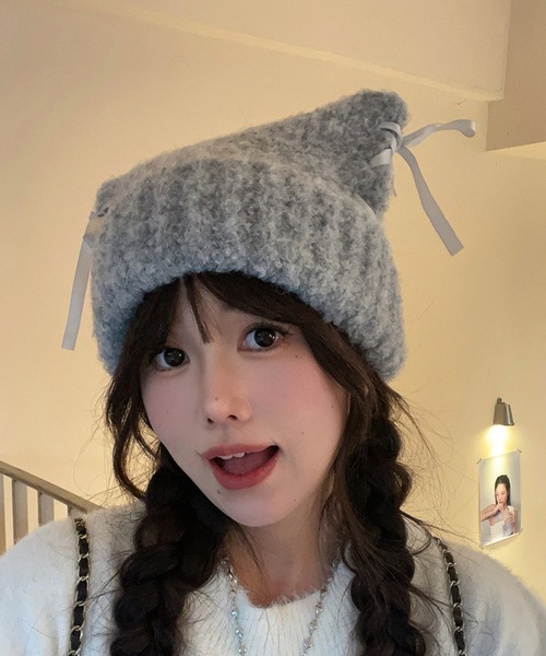 ニット帽 ニットキャップ Nia(ニア)/レースアップリボン 猫耳ビーニー