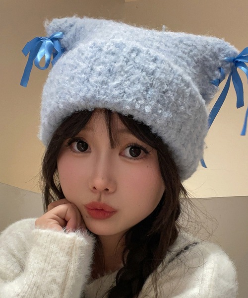 ニット帽 ニットキャップ Nia(ニア)/レースアップリボン 猫耳ビーニー
