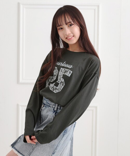 PINK-latte tシャツ レースプリントナンバリングロンT キッズ