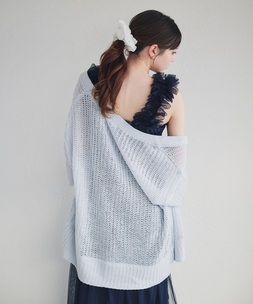 fupel カーディガン shell button sheer mix knit cardigan