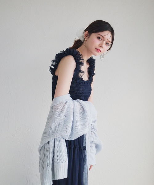 fupel カーディガン shell button sheer mix knit cardigan