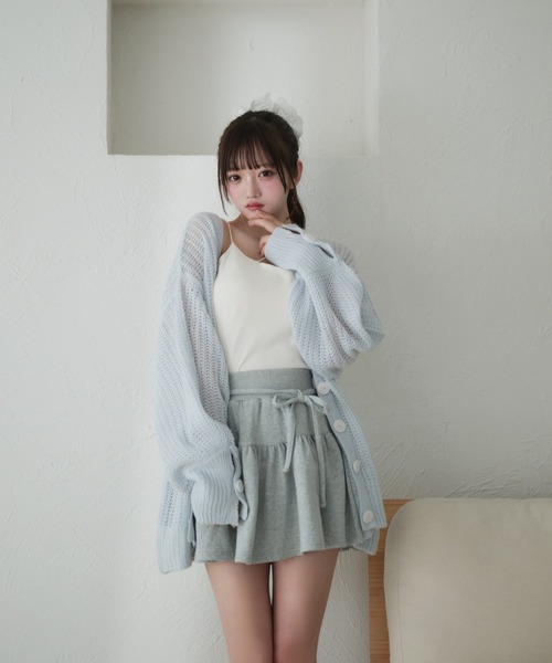 fupel カーディガン shell button sheer mix knit cardigan