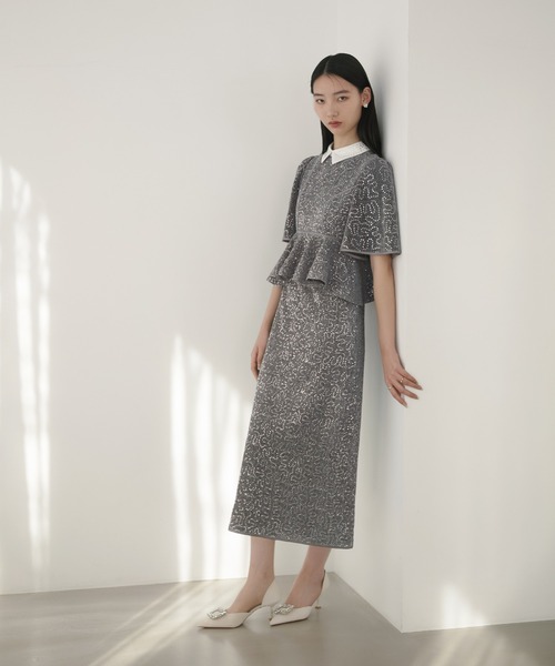 LEJA ペプラムスパンコールグリッターIラインドレス グレー　M SOLD OUT】ペプラムスパンコールグリッターIラインワンピースドレス