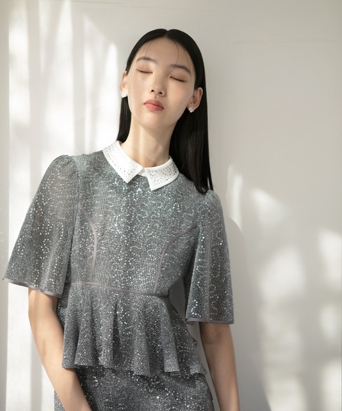 LEJA ペプラムスパンコールグリッターIラインドレス グレー　M Leja ドレス 「LEJA」ペプラムスパンコールグリッターIライン