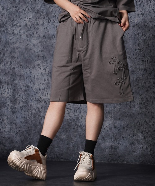 ハーフパンツ ワイドパンツ パンツ クロスエンボス スウェットショーツ