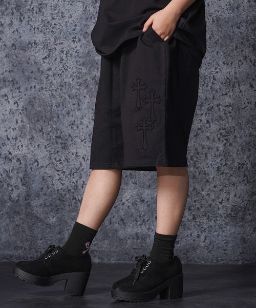 ハーフパンツ ワイドパンツ パンツ クロスエンボス スウェットショーツ