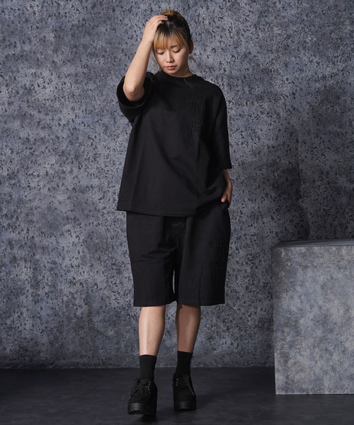 ワイドパンツ ハーフパンツ パンツ 短パン クロスエンボス スウェット