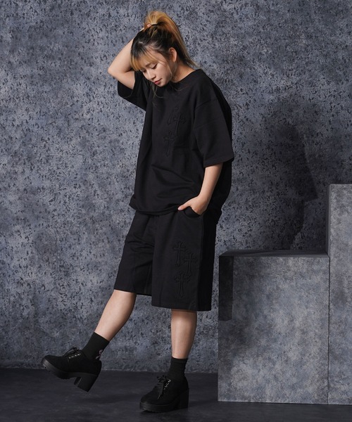 ハーフパンツ ワイドパンツ パンツ クロスエンボス スウェットショーツ