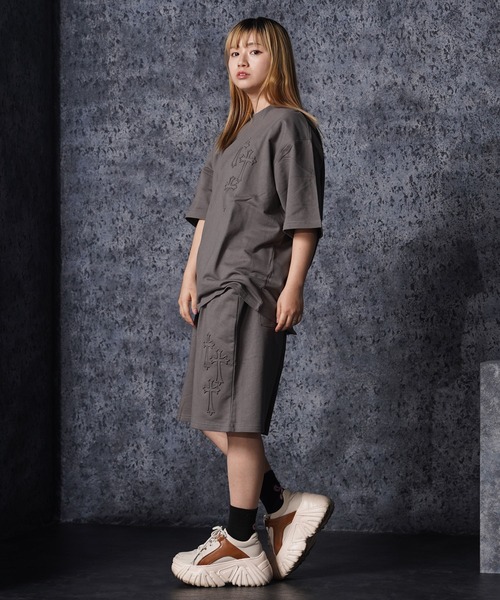 ワイドパンツ ハーフパンツ パンツ 短パン クロスエンボス スウェット