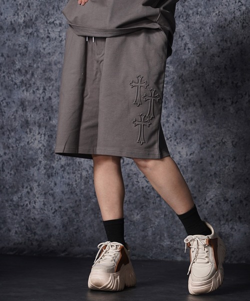 ワイドパンツ ハーフパンツ パンツ 短パン クロスエンボス スウェット