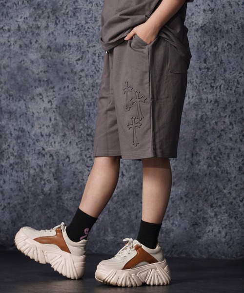 ハーフパンツ ワイドパンツ パンツ クロスエンボス スウェットショーツ