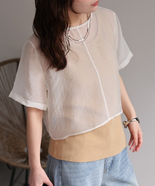 「SETアイテム」ソフトオーガンジーTシャツ / ニットタンクトップ「動画あり」 レディース