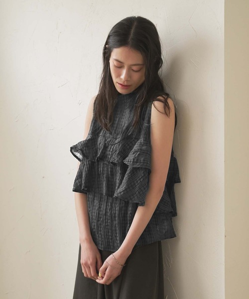 ブラウス シャツ ノースリーブフリルチェックブラウス-手洗い可- レディース Audrey and John Wad ブラウス シャツ ノースリーブフリル