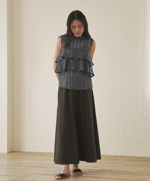 ブラウス シャツ ノースリーブフリルチェックブラウス-手洗い可- レディース Audrey and John Wad ブラウス シャツ ノースリーブフリル