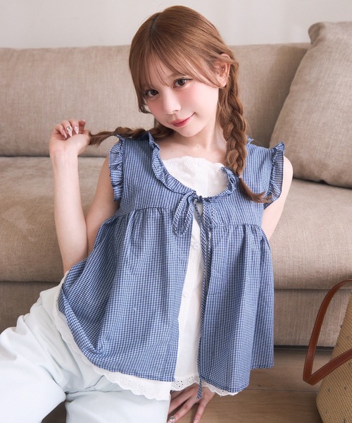 美品✨ヨリ 23SS　ギンガムリボンパフスリーブブラウス　ピンク　フリーサイズ TITTY＆CO. ブラウス シャツ ギンガムフリルノースリブラウス