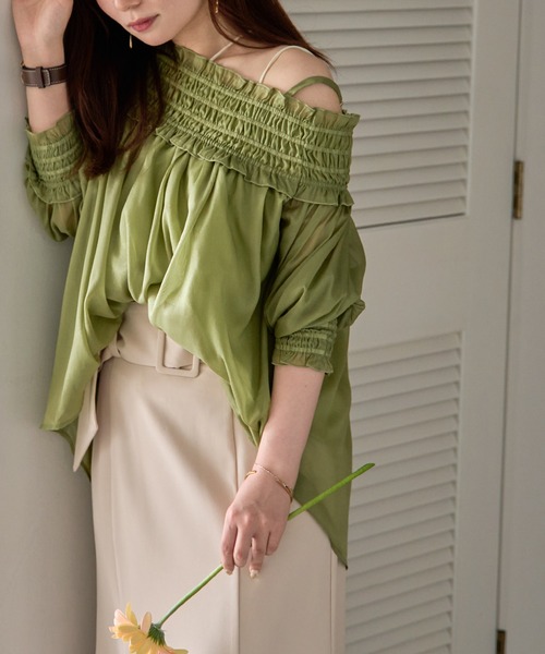 M me eme ♡ オフショルブラウス mideal（マイディール） ブラウス シャツ sheer off shoulder / シアー