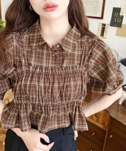 moment+ ブラウス シャツ フリルビスチェセット半袖チェックシャツ