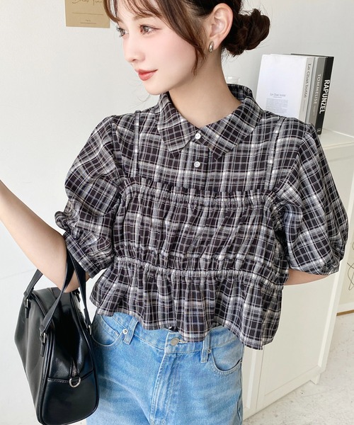 moment+ ブラウス シャツ フリルビスチェセット半袖チェックシャツ