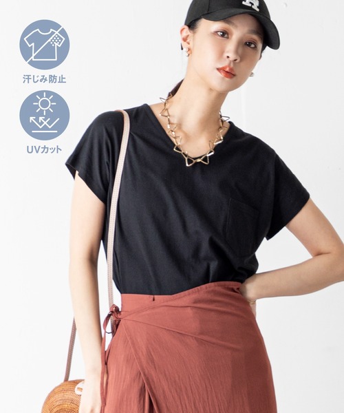 tシャツ 「汗ジミ防止＆UVカット」さらっと1枚で決まる！大人の品と機能が光るVネックTシャツ！フレンチスリーブで華奢見えを叶えながら、快適な着心地と | MILLION CARATS | 02