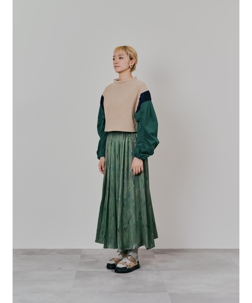 TEVALT スカート アートラインプリントハーフプリーツスカート