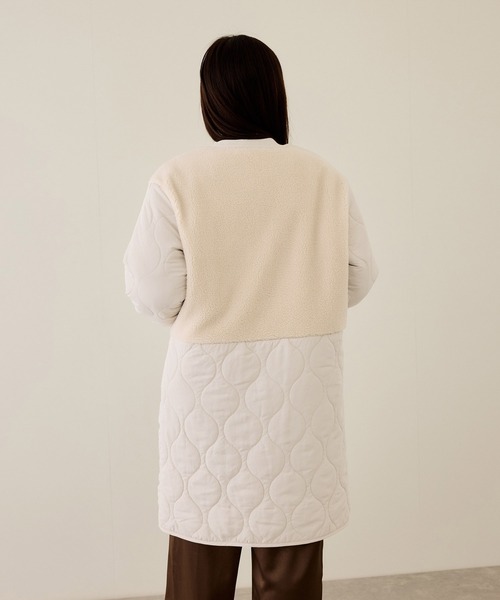 NAVY ノーカラーコート コート グラムス ボア キルティング切替ノー