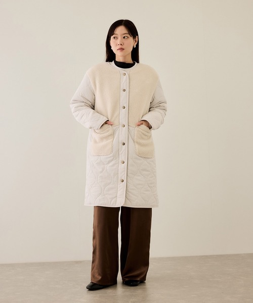 NAVY ノーカラーコート コート グラムス ボア キルティング切替ノー