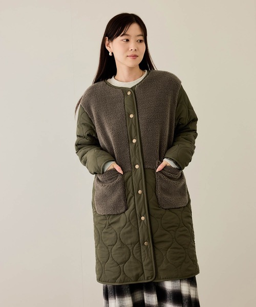 NAVY ノーカラーコート コート グラムス ボア キルティング切替ノー