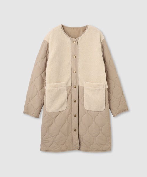 NAVY ノーカラーコート コート グラムス ボア キルティング切替ノー