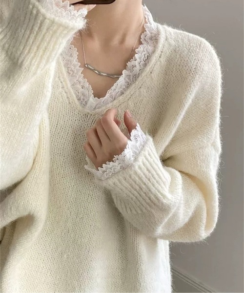 ニット セーター レースインナー風Vネックゆるニットプルオーバー