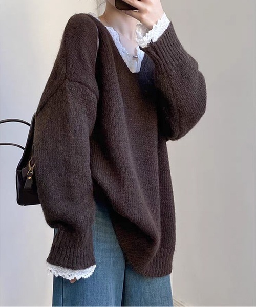 ニット セーター レースインナー風Vネックゆるニットプルオーバー