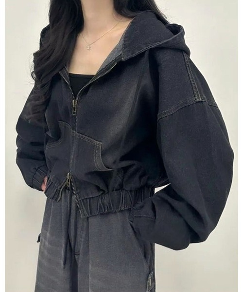inst.ALL パーカー 春大活躍！クロップド丈ダブルジップデニムパーカー