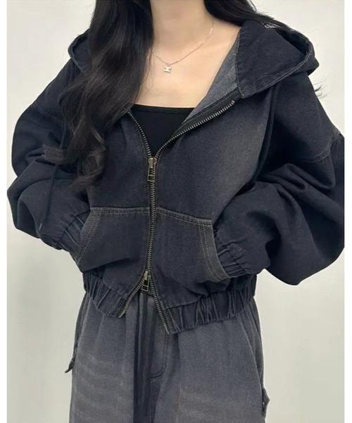 inst.ALL パーカー 春大活躍！クロップド丈ダブルジップデニムパーカー