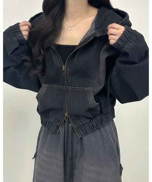 inst.ALL パーカー 春大活躍！クロップド丈ダブルジップデニムパーカー