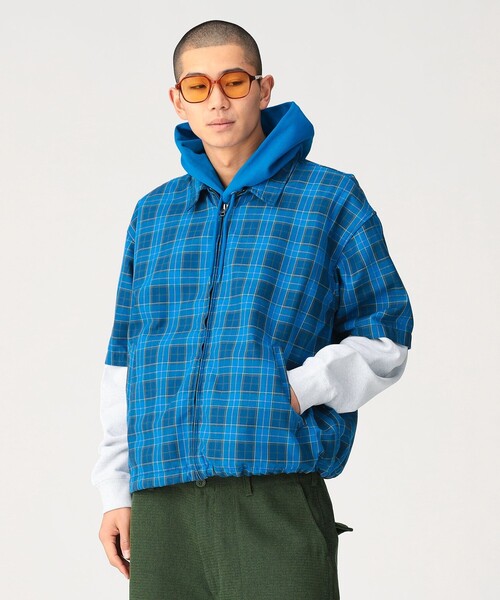 BEAMS（ビームス） シャツ 半袖 ワイドフィット チェック ジップシャツ