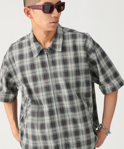 BEAMS（ビームス） シャツ 半袖 ワイドフィット チェック ジップシャツ