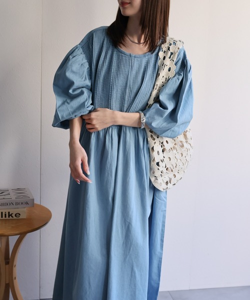 45rpmインディゴ格子柄　コットンギャザーワンピース sakishimatokyo ワンピース 「India Fabric」インド綿ピンタック