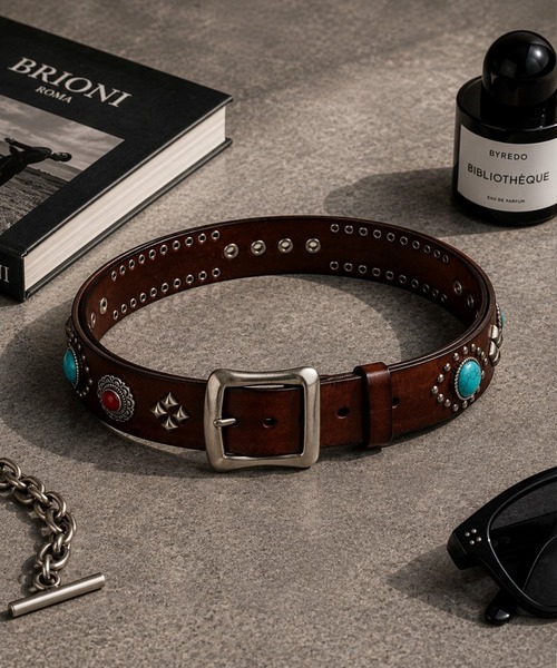CERCA ベルト 「Bls」「ZA」「Bling Leads」本革スタッズベルト メンズ