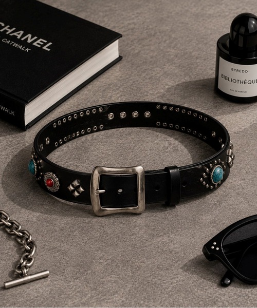 CERCA ベルト 「Bls」「ZA」「Bling Leads」本革スタッズベルト メンズ
