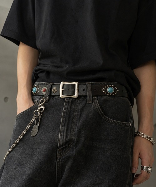 CERCA ベルト 「Bls」「ZA」「Bling Leads」本革スタッズベルト メンズ