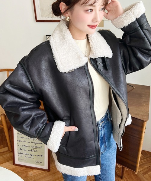 ムートンコート ボアコート 「累計販売枚数2万枚突破！」フェイクレザー×ボアフェイクムートンフライトジャケットブルゾン レディース | moment+ | 15