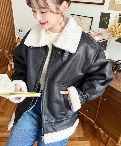 ムートンコート ボアコート 「累計販売枚数2万枚突破！」フェイクレザー×ボアフェイクムートンフライトジャケットブルゾン レディース | moment+ | 13