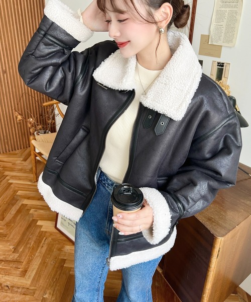 ムートンコート ボアコート 「累計販売枚数2万枚突破！」フェイクレザー×ボアフェイクムートンフライトジャケットブルゾン レディース | moment+ | 14