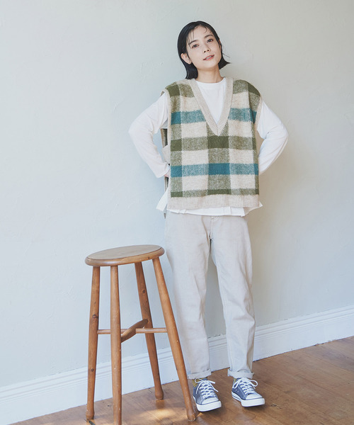ニット セーター ジャカードフェザーチェックベスト レディース LBC ニット セーター ジャカードフェザーチェックベスト
