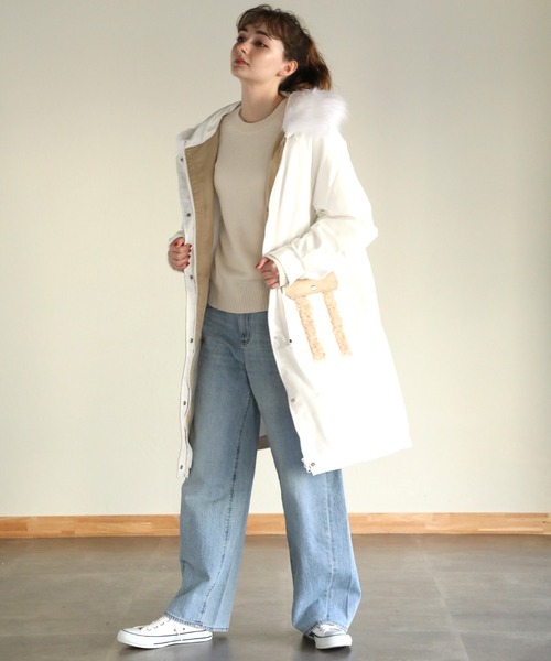 ホワイト ファー付き ミリタリージャケット Right-on（ライトオン） ミリタリージャケット モッズコート